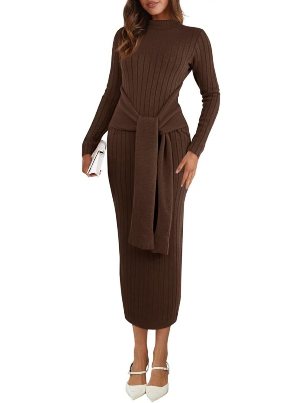 Chic Long Sleeve Midi Sweater Dress | Bodycon Mock Neck, Ribbed Knit, Tie Waist